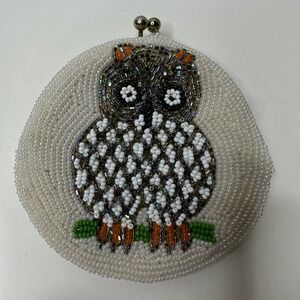 Beaded Owl Coin Purse Evening‎ Bag Kiss Lock Clutch White Cream Party Cute